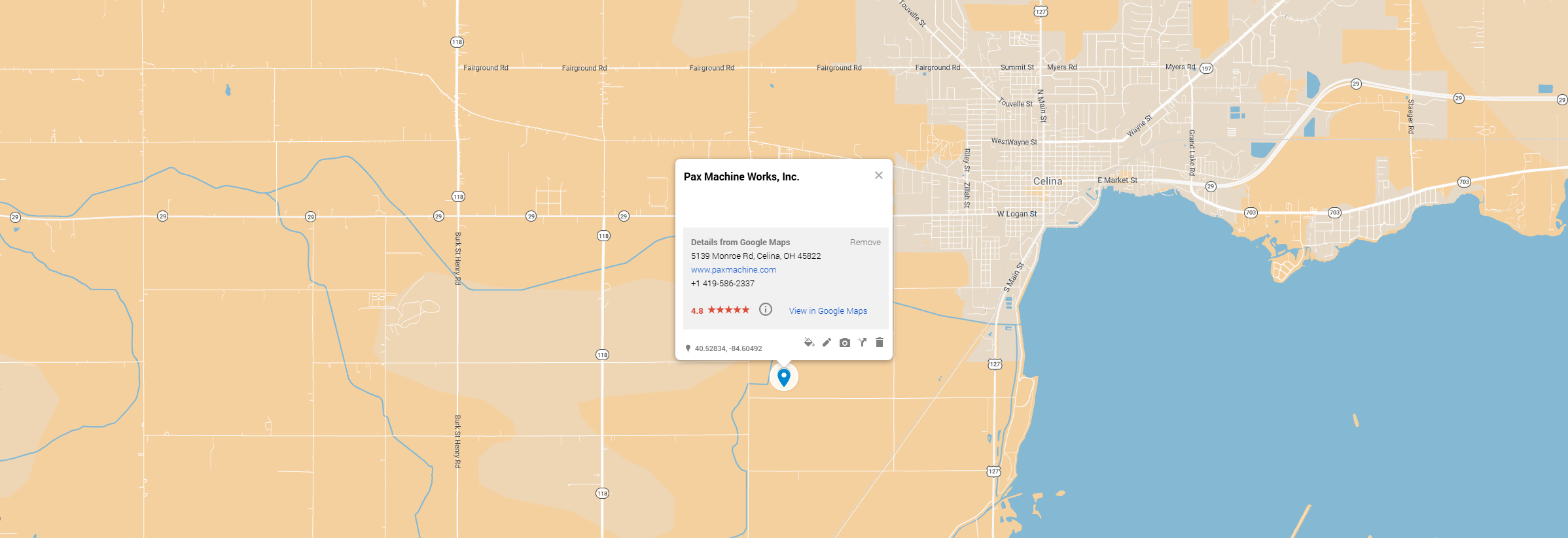 Map showing PAX Machine Works location at 5139 Monroe Road, Celina, Ohio 45822